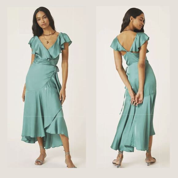 NWT Anthropologie Green Ruffle Wrap Maxi Dress - Small - Picture 1 of 7